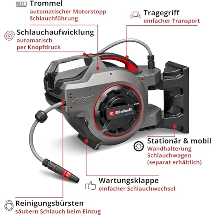 Einhell Schlauchtrommel GE-HR 18/30-1 Li-Solo, 30 m automatischer Gartenschlauch, ohne Akku und Ladegerät, UV-beständig, mit Wandhalterung – Bild 3