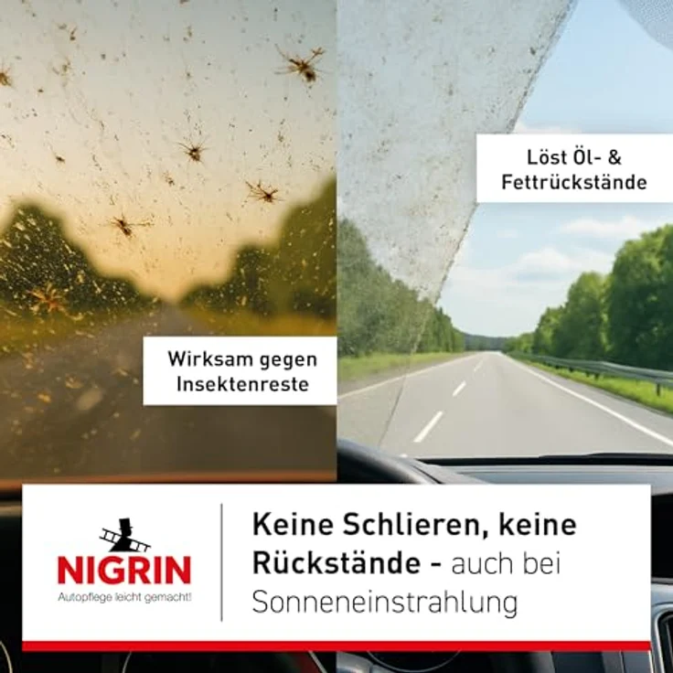 NIGRIN Scheibenklar Konzentrat 1:4, Reinigungszusatz für Autoscheiben und Scheinwerfer, 5 Liter, entfernt Insekten, Öl und Fett streifen- und schlierenfrei, mit Griffmulde, ab 5°C, Designer Duft – Bild 5