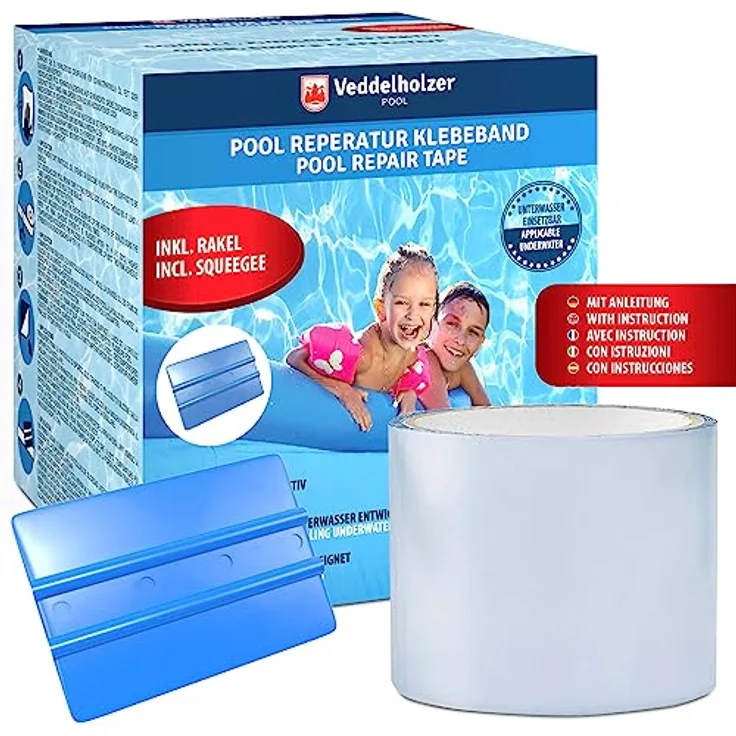 Veddelholzer Pool Reparaturset, wasserdichtes Unterwasser-Klebeband 10 cm x 150 cm, transparentes Abdichtband für alle Pooloberflächen