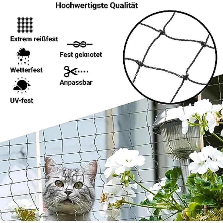 FinoPet Katzennetz für Balkon drahtverstärkt 4x3 Meter inklusive Befestigungsmaterial, Katzenschutznetz Katzengitter Schutznetz Sicherheitsnetz Balkonnetz für Katzen, Katzennetz für Balkon ohne bohren – Bild 4