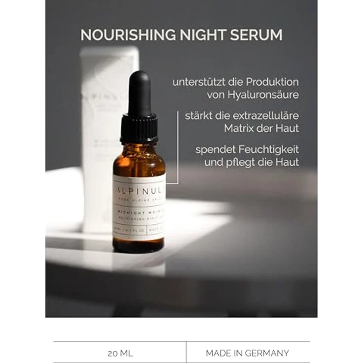 Alpinulin Midnight Moisture Nourishing Night Serum 20ml, Veganes Skincare Serum mit alpinen Wirkstoffen, Antioxidative Anti Aging Nachtpflege – Bild 3