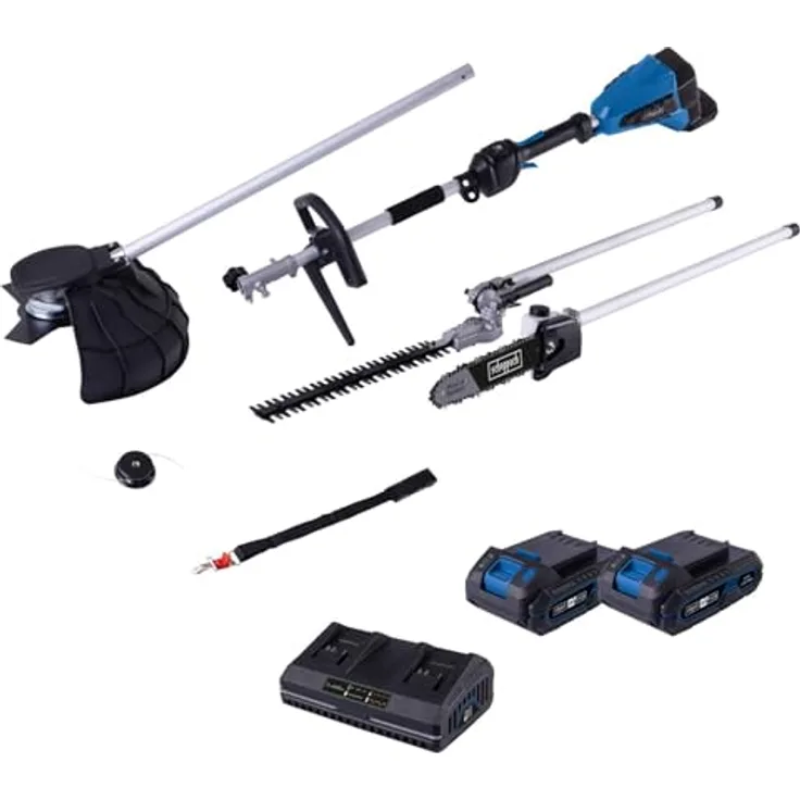 Scheppach IXES 20V Akku-Multifunktionswerkzeug BC-MFH400-X Set, 4-in-1 mit 2 Akkus (2 Ah) und bürstenlosem Motor für Gartentrimmen, Schneiden und Hochsägen