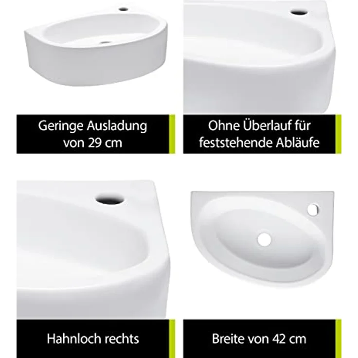 'aquaSu® Handwaschbecken Liam 42 cm | Eck-Waschtisch mit Hahnloch | Kleines Hänge-Waschbecken rund | Wand- oder Aufsatzmontage | 42 x 29 cm | Sanitärkeramik in weiß | 56218 8 – Bild 3