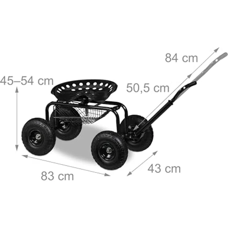 Relaxdays fahrbarer Gartensitz mit Stauraum, höhenverstellbar (40–49 cm), bis 150 kg, Stahl, schwarz, mit Luftreifen – Bild 4