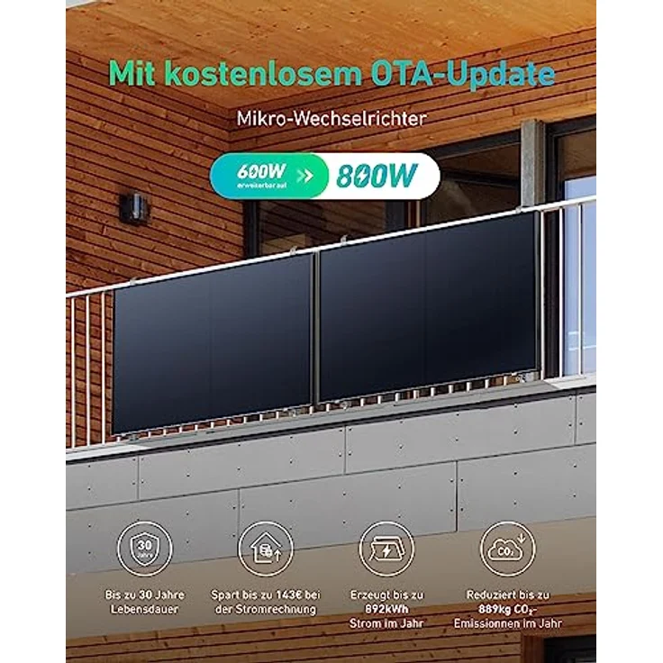 Anker SOLIX RS40P Balkonkraftwerk, Kostenloses OTA-Update auf 800W-Mikro-Wechselrichter, Set für Neigungsmontage, Glattes Schwarz, 890Wp Photovoltaik Solarpanel 2x 445W, Typ-N IBC-Modul, 25% Effizienz – Bild 3