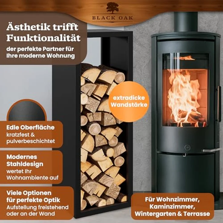 BLACK OAK Kaminholzregal YELLOWSTONE, 113x38x35cm, schwarz, pulverbeschichtet, für innen und außen, bis 200 kg, wetterfestes Metallregal – Bild 4