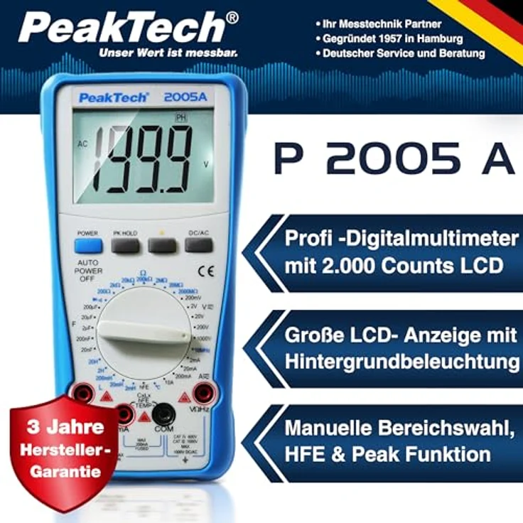 PeakTech Multimeter PeakTech 2005 A: Digital Multimeter mit 2.000 Counts und 1000V AC/DC, doppelt isoliertes Gehäuse, beleuchtetes Display - Schwarz – Bild 2