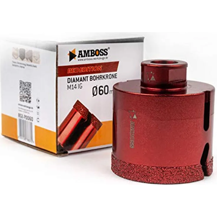 Amboss RED EDITION M14 Diamant Bohrkrone - für Winkelschleifer - Feinsteinzeug, harte Fliesen, Granit/Die ideale Trockenbohrkrone (Ø 60 mm)