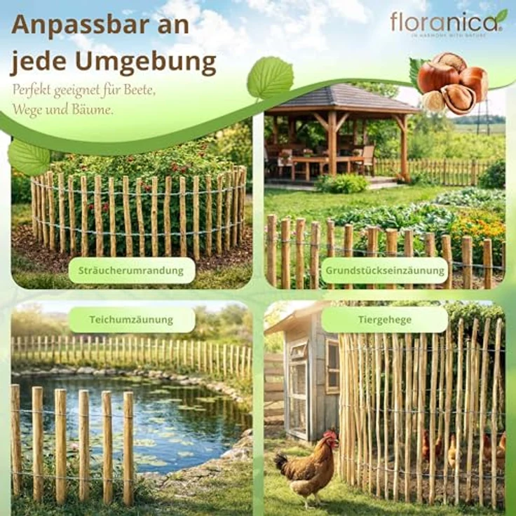Pemicont Floranica Haselnuss Staketenzaun 35 cm hoch, biologisch abbaubarer Gartenzaun mit 8-10 cm Lattenabstand, handgefertigter Holz Jägerzaun für Teiche und Beete – Bild 7