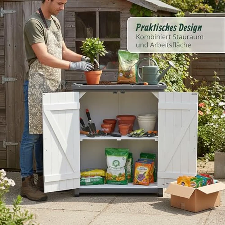 Relaxdays Pflanztisch mit Unterschrank, Holz, verzinkte Arbeitsplatte, HxBxT: 90 x 75 x 40 cm, Gartenschrank in Weiß/Grau – Bild 2