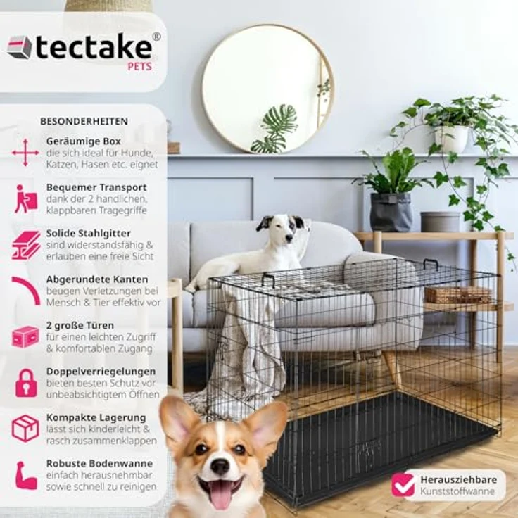 tectake® Hundekäfig, Hundegitter Box, Dog Kennel, faltbar, stabil, für Hunde und Welpen - 121,5 x 75,5 x 80,5 cm, Stahlgitter, Schwarz – Bild 2