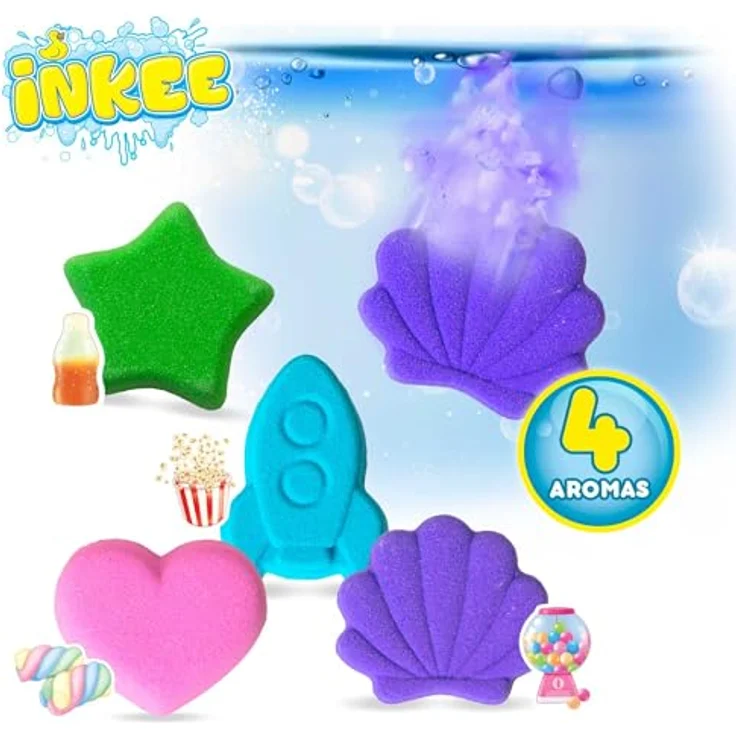 INKEE Bath Fizzer Mix, 4er Pack Kinder Badebomben mit Mandelöl, 4x 20g in Pinkem Herz, Lila Muschel, Grünem Stern und Blauer Rakete mit verschiedenen Aromen – Bild 2