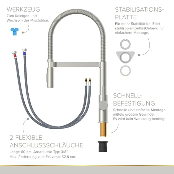 Lenz Küchenarmatur ALUNA, Edelstahl-Optik, flexible Geschirrbrause mit 2 Strahlarten, Anti-Fingerabdruck Oberfläche, 360° Schwenkfunktion – Bild 5