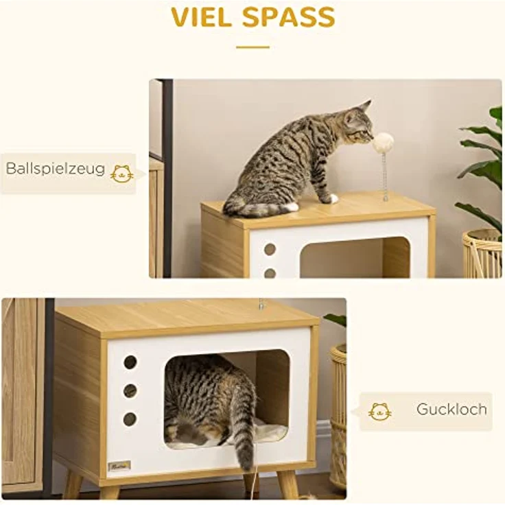 PawHut Tierhaus im TV-Design, inkl. Spielzeug und waschbarem Kissen, Eiche+Beige+Weiß, 50B x 28T x 43H cm – Bild 5