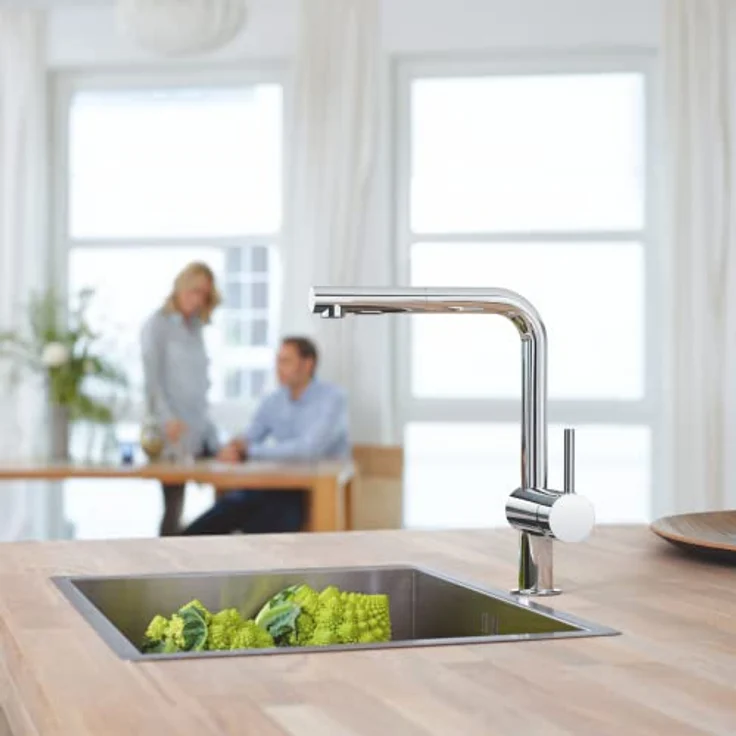 Grohe Minta L-Auslauf Küchenarmatur, Einhand-Spültischbatterie mit ausziehbarer Dual-Spülbrause, StarLight Chrom, Hochdruck – Bild 3