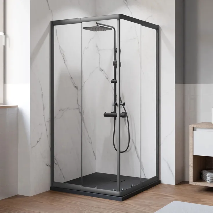 Breuer Eckeinstieg Ektos, Schiebetür Klarglas, 180 cm x 80-90 cm, Vollrahmung, schwarz matt, Sicherheitsglas