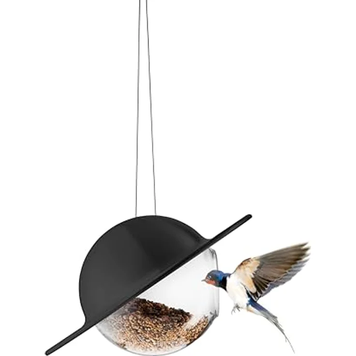 EVA SOLO Saturn Vogelfutterhaus Schwarz, wetterbeständiger Futterspender mit transparenter Glaskugel und Schutzdach, wartungsarm für Gartenvögel – Bild 5