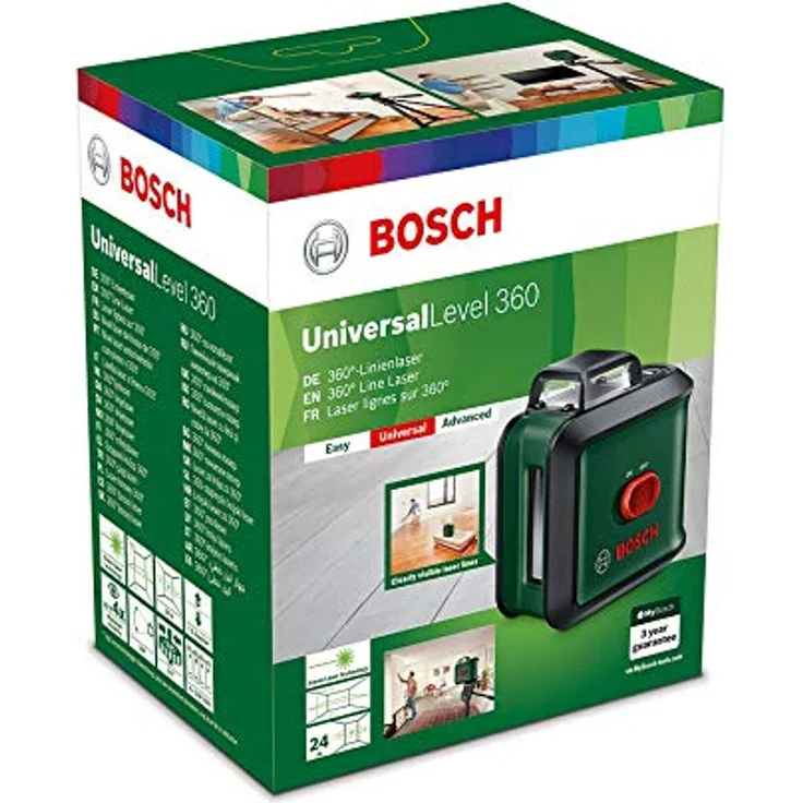 Bosch Kreuzlinienlaser UniversalLevel 360 (grüner Laser, Arbeitsbereich: bis zu 24 m, Genauigkeit: ± 0,4 mm-m, selbstnivellierend: bis ± 4°, 4x AA-Batterien, im Karton) – Bild 2