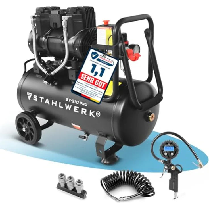 STAHLWERK Kompressor ST-310 Pro, ölfreier Flüster-Kompressor mit 30 l Kesselinhalt und 210 l/min Durchfluss, 10 bar max. Druck