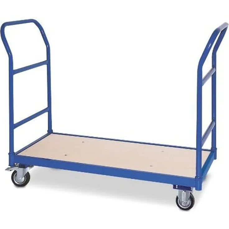 BRB-Lagertechnik Schiebebügelwagen mit 2 Schiebebügeln, blau RAL 5010, robuste 15 mm Schichtholzladeflächen, leichtfahrbar auf 4 Lenkrollen mit Bremse, LxBxH 1140x500x890 mm