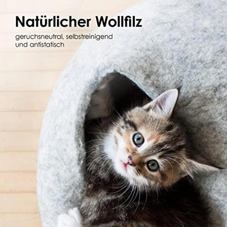 LucyBalu® Premium Katzenhöhle aus Filz, 100% Schafwolle, handgefertigt in Nepal, Kuschelhöhle für Katzen, hellgrau, 45x45x28 cm – Bild 3