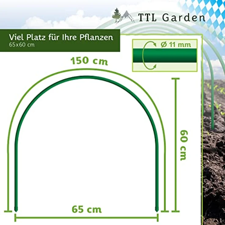 TTL GARDEN Pflanztunnel Set, 12 Tunnelbögen 65x60 cm mit gelochter PE Folie & 36 Clips – Bild 3