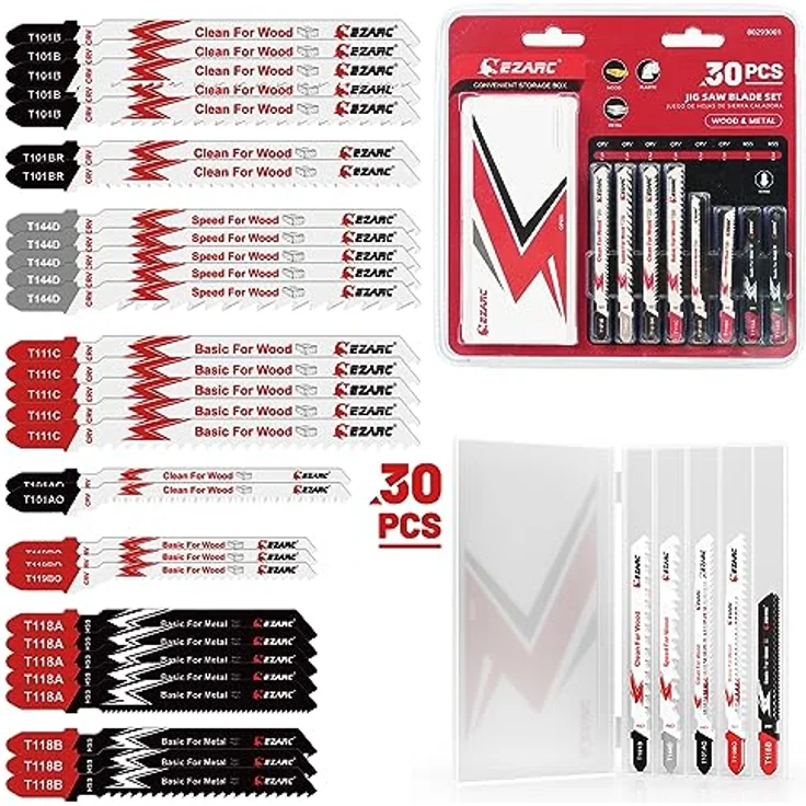 EZARC Stichsägeblatt Set 30tlg, T-Schaft Stichsägeblätter aus CRV/HSS für Holz, Kunststoff und Metall, mit Aufbewahrungskoffer – Bild 1