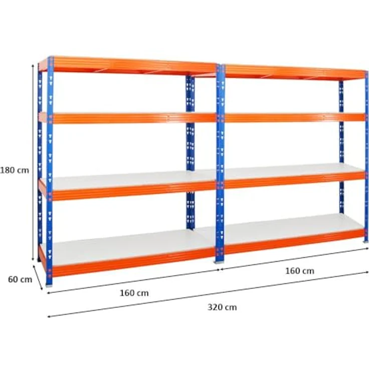 Proregal Schwerlastregal Mega Deal Profi RHINO, H 180 x B 160 x T 60 cm, Traglast 500 kg pro Boden, 4 verstellbare Böden, Steckmontage, Blau-Orange – Bild 2