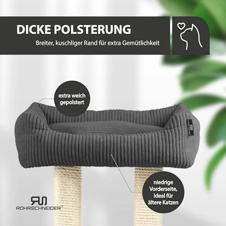 Rohrschneider Kratzbaum Katzenbaum Wolly 2 breite Kratzstämme mit Katzenbett Cordstoff, Made in Germany, versch. Farben – Bild 6