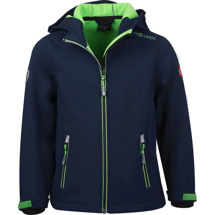 TROLLKIDS Softshelljacke Trollfjord Wasserabweisend, Arbeitsjacke mit wasserabweisendem und winddichtem Material, flexibel-elastisch und flauschig warm, norwegische Flagge und Lonely Troll Design, schwarz