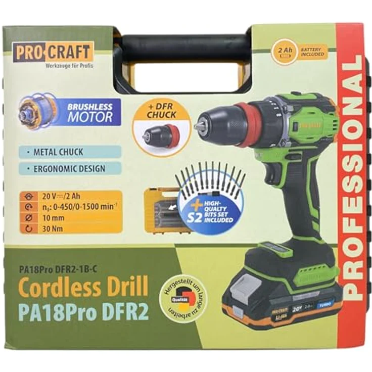 Procraft PA18ProDFR2-1B-C Akku Bohrschrauber 20 V, 30 Nm Brushless, inkl. 2,0 Ah Akku, Ladegerät, 13 tlg. Bit Set und Koffer – Bild 5