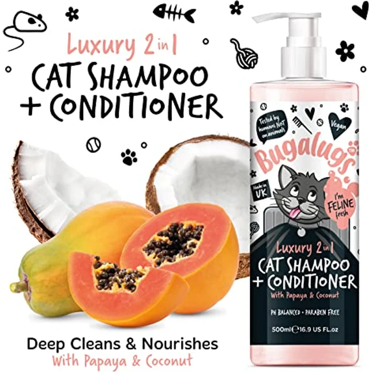 Bugalugs 2in1 Katzenshampoo + Conditioner, 500 ml, pH-neutral, mit Papaya und Kokosnuss, Lake District – Bild 3