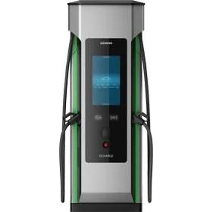 Siemens Kompakt-Ladegerät für Elektroautos, Wallbox mit 400 kW Leistung, zwei CCS2-Ausgängen, RFID-Zugangsschutz und Kreditkartenterminal