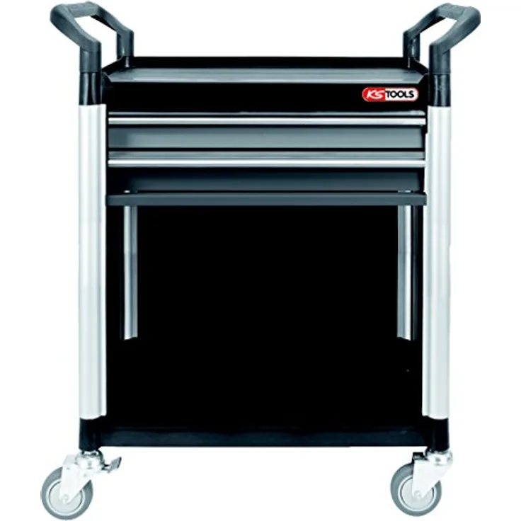 KS Tools Werkstatt-Servicewagen 800.0031, 2 Schubladen, stabile Kunststoffausführung, kugelgelagerte Schubladenführungen, eloxierte Aluminium-Säulen, mobil mit Lenk- und Feststellrollen