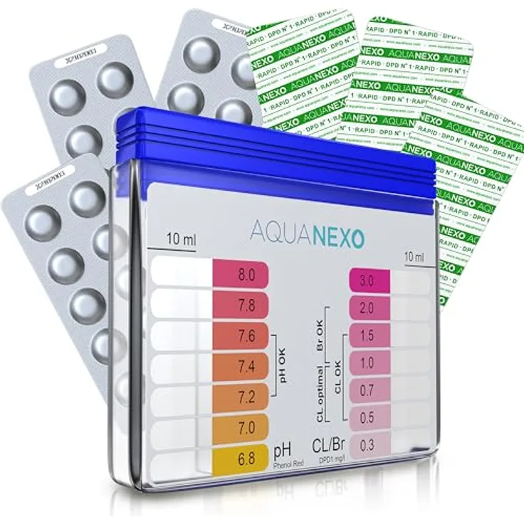 Aquanexo Pool Schütteltester pH und Chlor, Komplett-Set mit 60 Testtabletten für präzise Wasseranalyse
