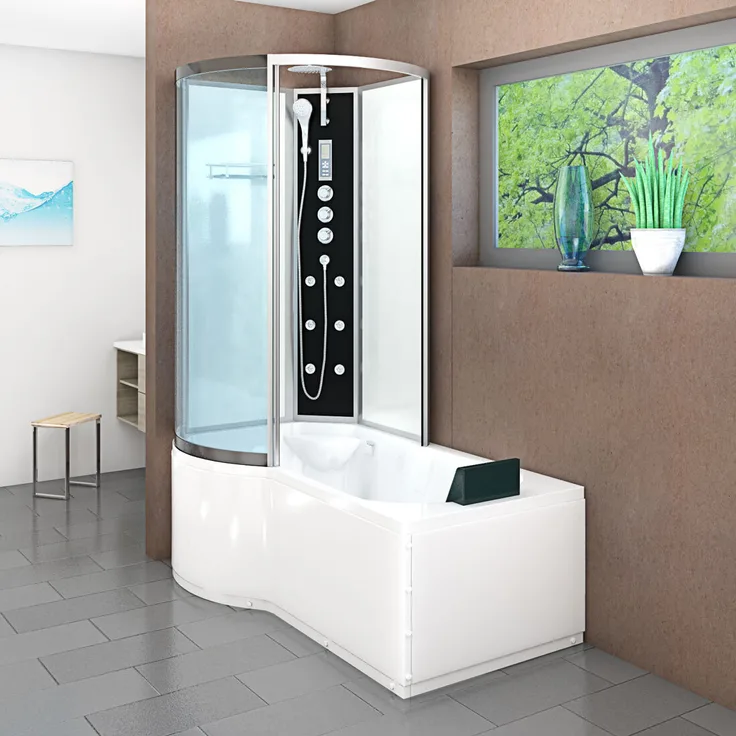 SeniorBad GmbH Kombination Badewanne Dusche K50-R03-EC Duschtempel 100x170 cm, 2in1 Wannen-/ Duschsystem, Thermostat-Mischarmatur, Regendusche, 45.7 MP, Weiß