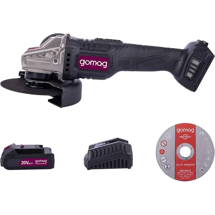 Gomag Akku-Winkelschleifer GO-WS125BL, 2,0 Ah Starterkit mit 12 Trennscheiben, max. 10000 U/min, Ø125mm