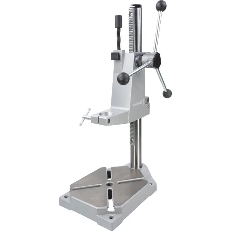 wolfcraft Bohrständer 5027000, exakter Bohrhelfer für Flächen, Rundmaterial und Leisten mit integrierter Rückholfeder, Aluminium-Druckguss