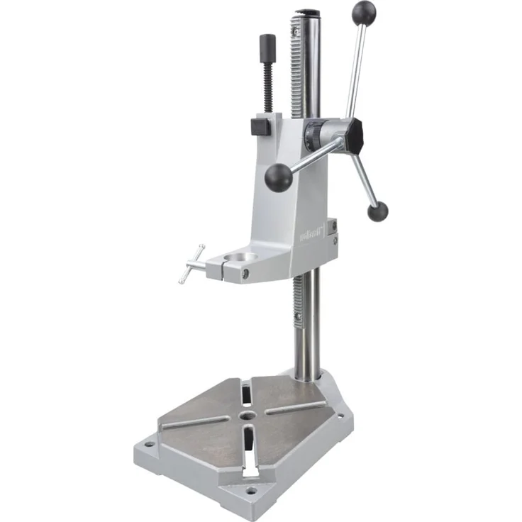 wolfcraft Bohrständer 5027000, exakter Bohrhelfer für Flächen, Rundmaterial und Leisten mit integrierter Rückholfeder, Aluminium-Druckguss