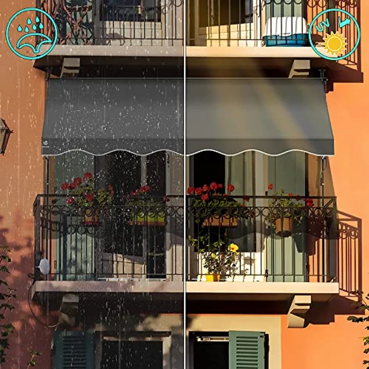 VOUNOT Klemmmarkise Balkon mit Handkurbel, höhenverstellbar Balkonmarkise ohne Bohren, UV-beständig, Wasserdicht & Sonnenschutz, 200 cm breit, Grau – Bild 4