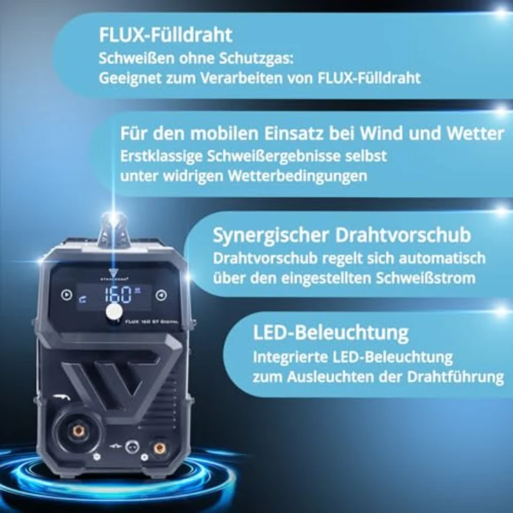 STAHLWERK FLUX 160 ST Digital, Kombischweißgerät mit Lift TIG und WP-17V-Brenner, 20-160 A, IP21S, inkl. Schweißdraht und Zubehör – Bild 4