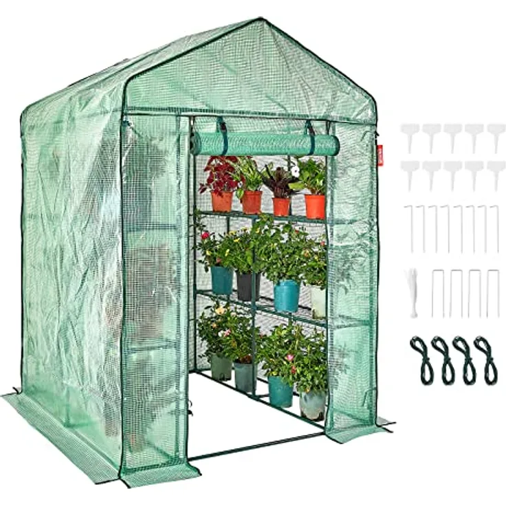 VEVOR Foliengewächshaus 141x141x200cm Tomatengewächshaus mit 4 Regalen, robustes Stahlrohr, UV-Schutz PE-Material, Grünes Gartenhaus