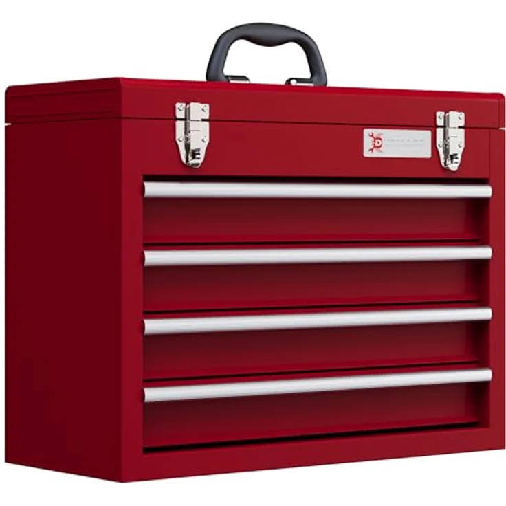 Durhand Werkzeugbox mit 4 Schubladen, oberes Staufach, Handgriff aus Stahl, Rot – Bild 2
