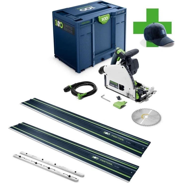 Festool TS 60 KEBQ-Plus 100Y, Tauchsäge mit 60 mm Schnitttiefe, KickbackStop, 2x FS 1400/2 und Verbinder FSV/2, Jubiläumsedition