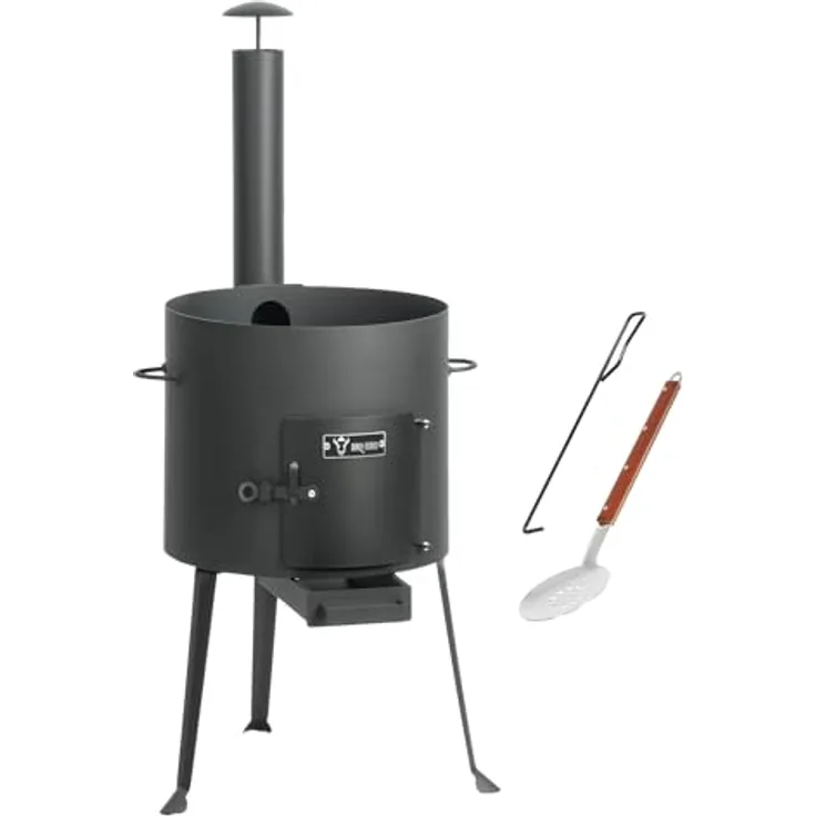 BBQ-Toro Kazan Ofen Ø 34 cm, Gulaschkessel mit Schaumlöffel und Schürhaken, stabiler Outdoor-Ofen aus Stahl, Feuerstelle und Eintopfofen