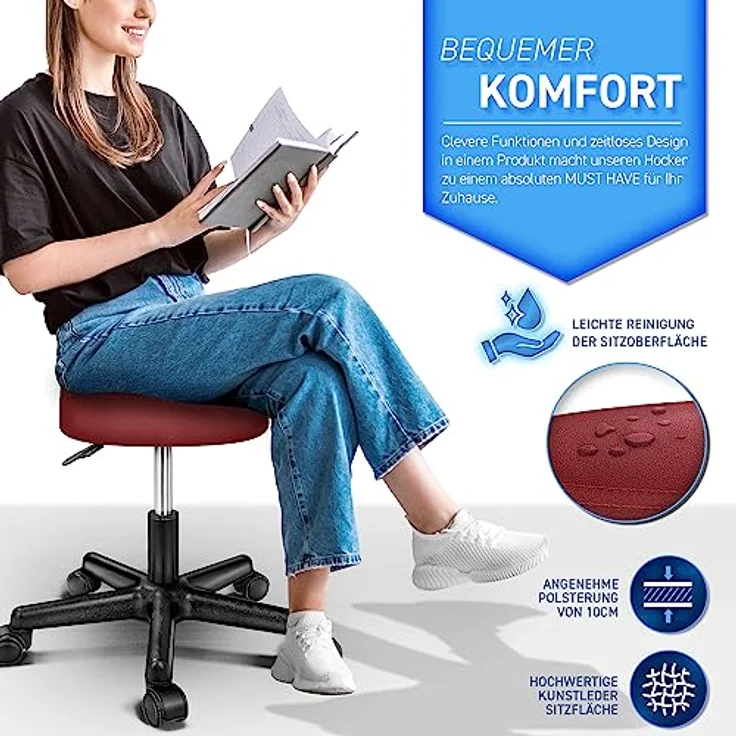 Rollhocker Weinrot Arbeitshocker Drehhocker Kosmetikhocker Praxishocker - Preisvergleich – Bild 4