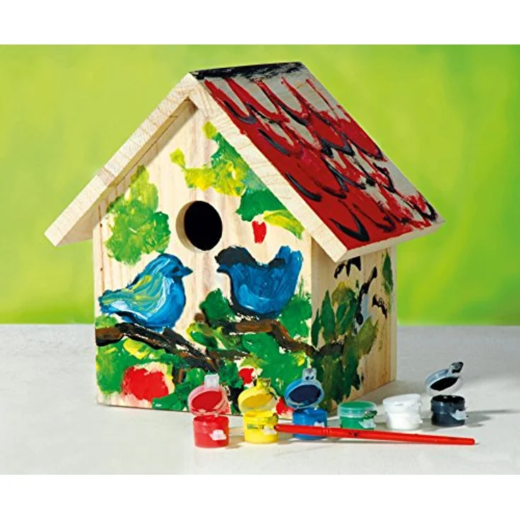 dobar® 22368FSC Nistkasten Bastel-Set - Nistkasten zum Selberbauen und Bemalen - Nisthilfe Bausatz für Wildvögel im DIY-Set - Kleiner Meisenkasten Massivholz inklusive Mal-Set - 17,5 x 15,5 x 20,5 cm – Bild 2