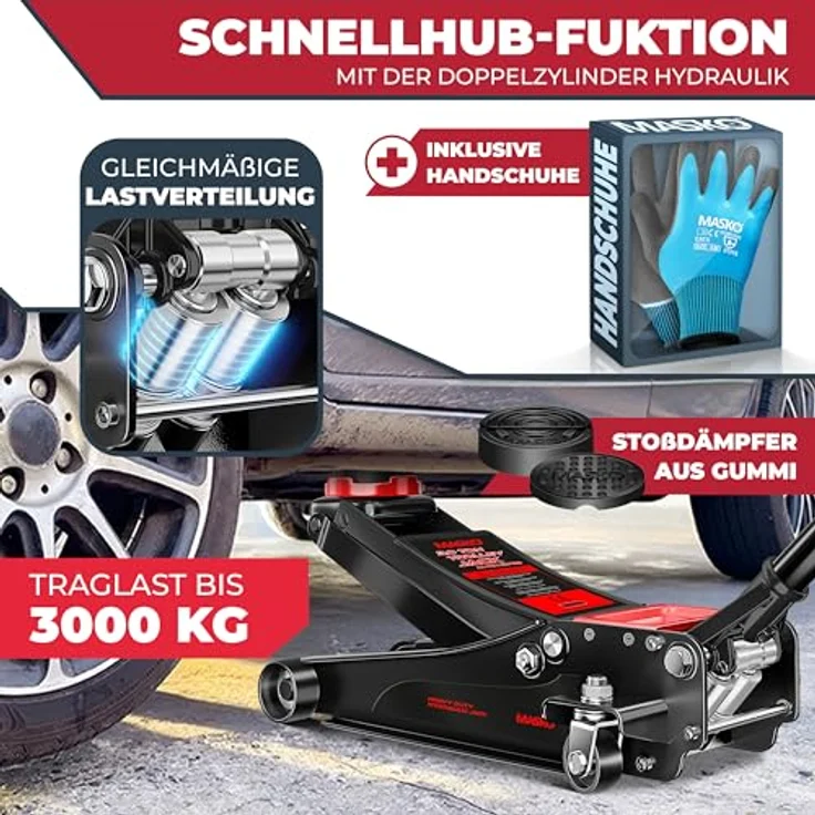 Masko Wagenheber hydraulisch mit flacher Hubhöhe, 2x Gummiauflage, Handschuhe - 3 Tonnen, schwarz – Bild 7