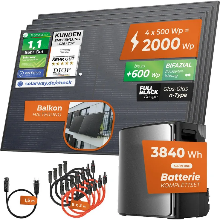 Solarway SOLARWAY Balkonkraftwerk 2000 Watt Ultra, EcoFlow STREAM Ultra X 3840 Wh Batterie, 4 x 500Wp bifaziale Solarmodule, Smart App Überwachung