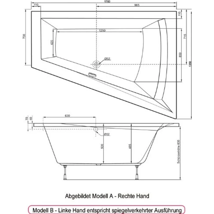 Ottofond Badewanne 'Galia II Modell A' Sanitäracryl, weiß, 1750 x 1350 x 700 mm, rechte Ausführung, elegantes Design, pflegeleicht – Bild 2